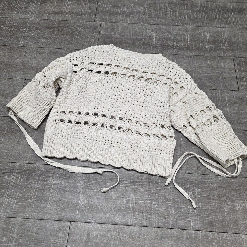 Zara Crochet Sweater Open Knit Pullover Tie Hem White Small Coquette Cottagecore